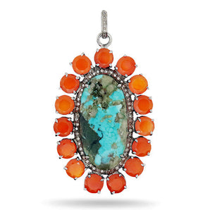 Pave Diamond Turquoise and Carnelian Pendant, (DPL-2464)