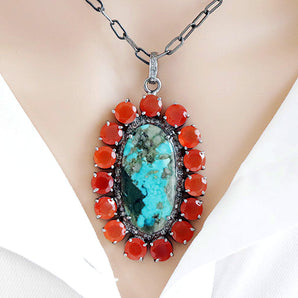 Pave Diamond Turquoise and Carnelian Pendant, (DPL-2464)