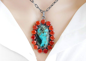Pave Diamond Turquoise and Carnelian Pendant, (DPL-2464)