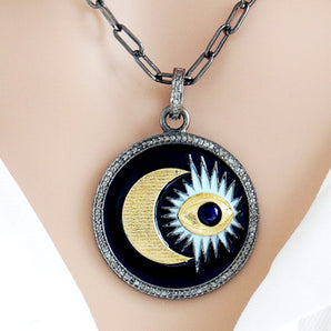 Pave Diamond Moon and Evil Eye Pendant, (DEM-4115)