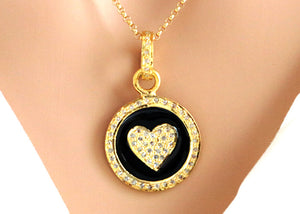 Pave Diamond Black Enamel Heart or Star Disc Pendant, (DEM-4116)