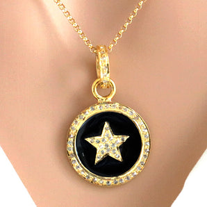 Pave Diamond Black Enamel Heart or Star Disc Pendant, (DEM-4116)
