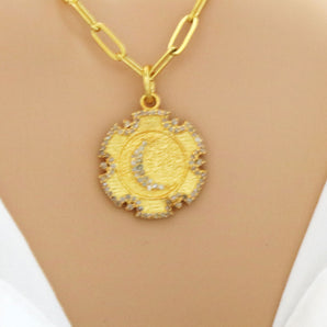 Pave Diamond Waning Crescent Moon Medallion Pendant, (DPS-128)