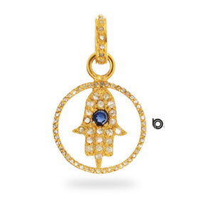 Pave Diamond Hamsa Hand Pendant with Blue Sapphire, (DPS-119)