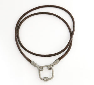 Greek Leather Necklace w/ Pave Diamond Hooks and Square Carabiner, (DCHN-45)