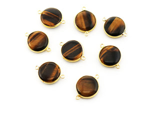 Gold Plated Round Tiger Eye Bezel Connector, 16mm, ( BZC-9099) - Beadspoint