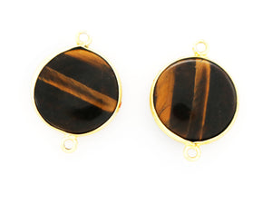 Gold Plated Round Tiger Eye Bezel Connector, 16mm, ( BZC-9099) - Beadspoint
