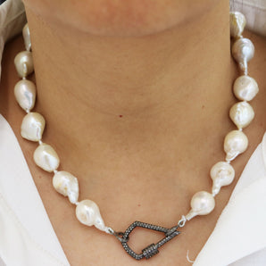 Silk Hand Knotted Keshi Pearl Necklace w/ Pave Diamond Kite Carabiner Clasp, (DCHN-37) - Beadspoint