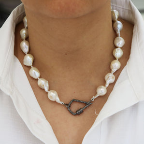 Silk Hand Knotted Keshi Pearl Necklace w/ Pave Diamond Kite Carabiner Clasp, (DCHN-37) - Beadspoint