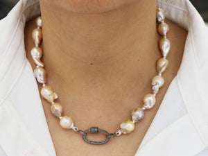 Silk Hand Knotted Keshi Pearl  Necklace w/ Pave Diamond Oval Carabiner Clasp, (DCHN-40) - Beadspoint