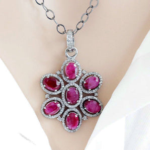 Pave Diamond & Ruby Flower Pendant, (DRB-7128)