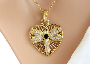 Pave Diamond Heart Dragonfly Pendant w/ Sapphire, (DPM-1222)