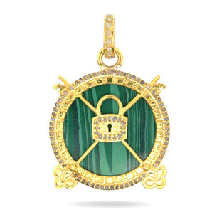 Pave Diamond & Malachite Lock and Key Pendant, (DPM-1218)
