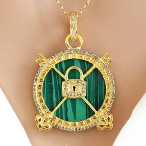 Pave Diamond & Malachite Lock and Key Pendant, (DPM-1218)