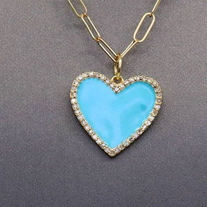 14k Solid Gold & Diamond Turquoise Heart Pendant, (14K-DCH-820)