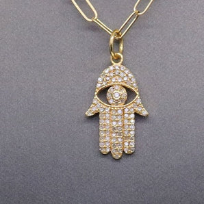 14k Solid Gold & Diamond Hamsa w/ Evil Eye Charm, (14K-DCH-828)