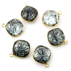 Gold Plated Faceted Black Rutile Bezel Cushion Connector, 19-20 mm, (BZC-9127) - Beadspoint