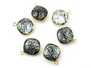 Gold Plated Faceted Black Rutile Bezel Cushion Connector, 19-20 mm, (BZC-9127) - Beadspoint