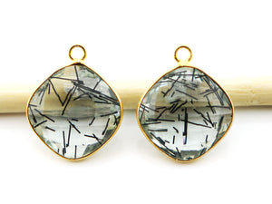 Gold Plated Faceted Black Rutile Bezel Cushion Connector, 19-20 mm, (BZC-9127) - Beadspoint