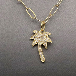 14k Solid Yellow Gold & Diamond Palm Tree Charm, (14K-DCH-856)