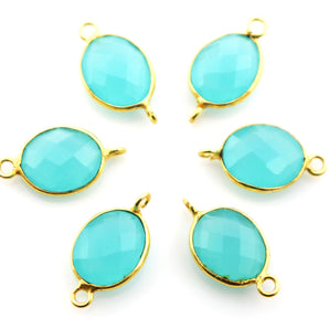 Gold Plated Aqua Chalcedony Faceted Oval Bezel Connector, 15x9 mm, (BZC-9196) - Beadspoint