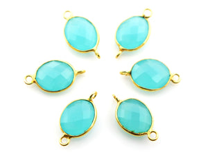 Gold Plated Aqua Chalcedony Faceted Oval Bezel Connector, 15x9 mm, (BZC-9196) - Beadspoint