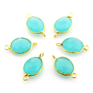 Gold Plated Aqua Chalcedony Faceted Oval Bezel Connector, 15x9 mm, (BZC-9196) - Beadspoint