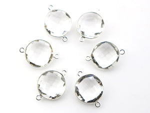 Silver Faceted Rock Crystal Coin Connector ,16 mm, (SSBZC-7128) - Beadspoint