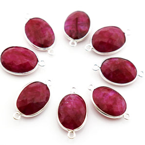 Silver Faceted Dyed Ruby Oval Connector ,13x17 mm, (SSBZC-7348) - Beadspoint