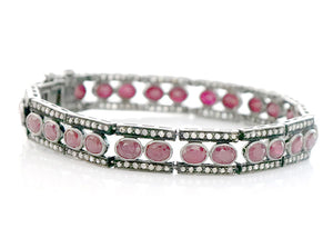 Pave Diamond & Ruby Square Chain Link Bracelet, 925 Sterling Silver Bracelet, (DBG-38)