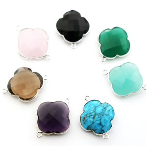 Silver Faceted Clover Connector, 20-21 mm, multiple gemstones, (SSBZC-8025) - Beadspoint