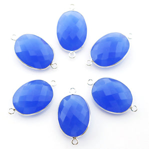 Silver Faceted Blue Chalcedony Oval Bezel Connector, 15x21 mm, (SSBZC-4058) - Beadspoint