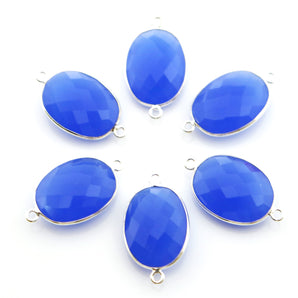 Silver Faceted Blue Chalcedony Oval Bezel Connector, 15x21 mm, (SSBZC-4058) - Beadspoint