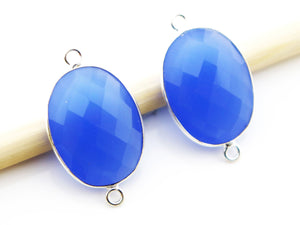 Silver Faceted Blue Chalcedony Oval Bezel Connector, 15x21 mm, (SSBZC-4058) - Beadspoint