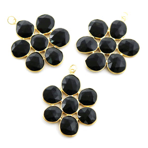 Gold Plated Faceted Black Onyx Flower pendant, 40x37 mm, (FLR-1107) - Beadspoint