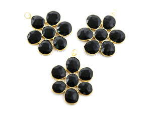 Gold Plated Faceted Black Onyx Flower pendant, 40x37 mm, (FLR-1107) - Beadspoint