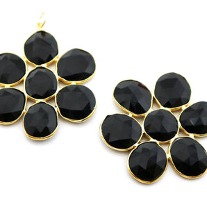 Gold Plated Faceted Black Onyx Flower pendant, 40x37 mm, (FLR-1107) - Beadspoint