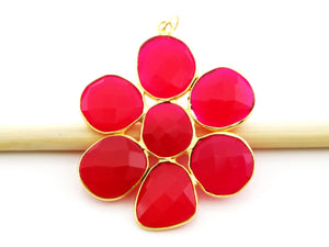 Gold Plated Faceted Fuschia Chalcedony Flower pendant, 37X35 mm, (FLR-1108) - Beadspoint