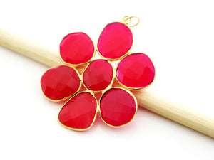 Gold Plated Faceted Fuschia Chalcedony Flower pendant, 37X35 mm, (FLR-1108) - Beadspoint