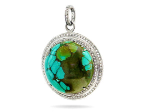 Pave Diamond Turquoise Puffed Round Pendant, (DTR-2038)