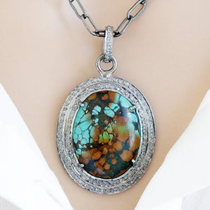 Pave Diamond Turquoise Oval Pendant, (DTR-2040)