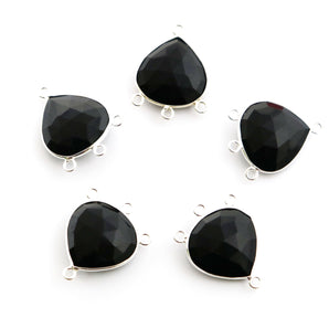 Silver Faceted Black Onyx 3 rings Heart Connector ,20 mm, (SSBZC-9013) - Beadspoint