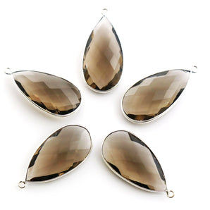 Silver Plated Faceted Smokey Topaz Pear Bezel, 16x32 mm, (SSBZC-9024) - Beadspoint