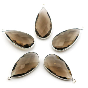 Silver Plated Faceted Smokey Topaz Pear Bezel, 16x32 mm, (SSBZC-9024) - Beadspoint