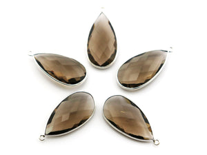 Silver Plated Faceted Smokey Topaz Pear Bezel, 16x32 mm, (SSBZC-9024) - Beadspoint