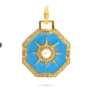 Pave Diamond Enamel Starburst Octagon Pendant with Pearl (DEM-4099)