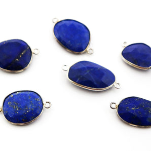 Silver Plated Faceted Lapis Oval Connector, 15x17 mm, (SSBZC-9065) - Beadspoint