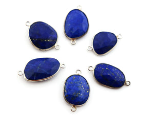 Silver Plated Faceted Lapis Oval Connector, 15x17 mm, (SSBZC-9065) - Beadspoint