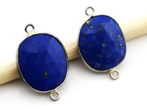 Silver Plated Faceted Lapis Oval Connector, 15x17 mm, (SSBZC-9065) - Beadspoint