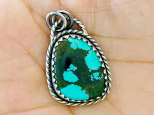Sterling Silver Kingman Turquoise Antique Style Rope Pattern Fancy Artisan Handcrafted Pendant, (SP-5552)